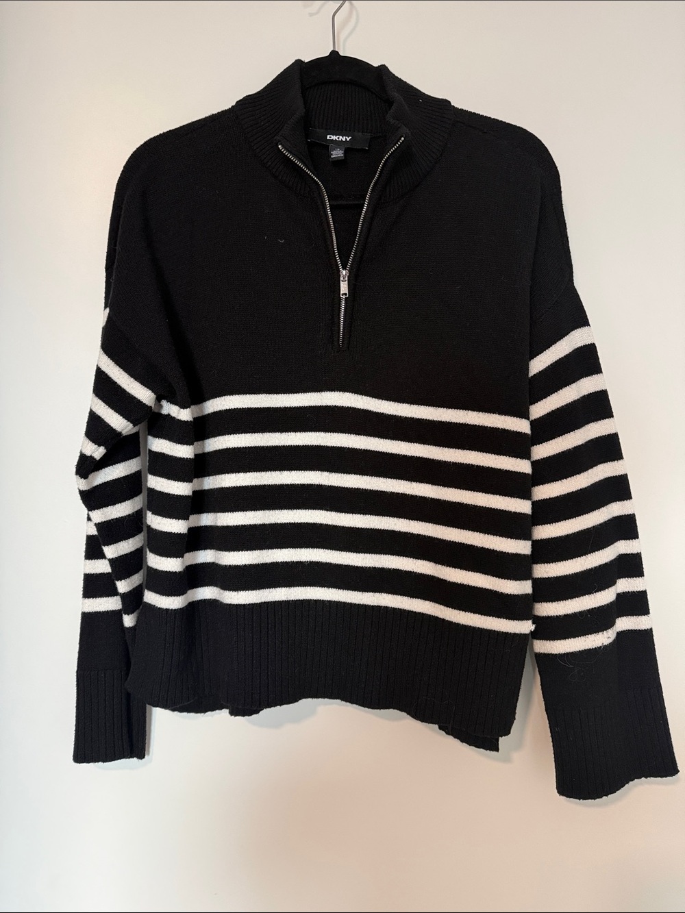 Dkny Black and White Striped Half-Zip Turtleneck Sweater